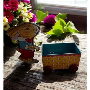 Vintage 1950s Ohio Art Toy Easter Tin Litho Bunny Rabbit Pushing Cart